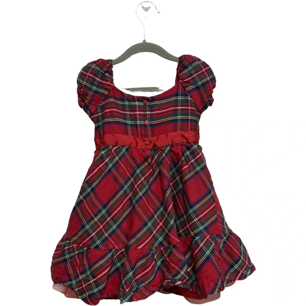 Janie and Jack Girls Silk Plaid Holiday Dress Size 3 Red Tartan Puff Sleeve